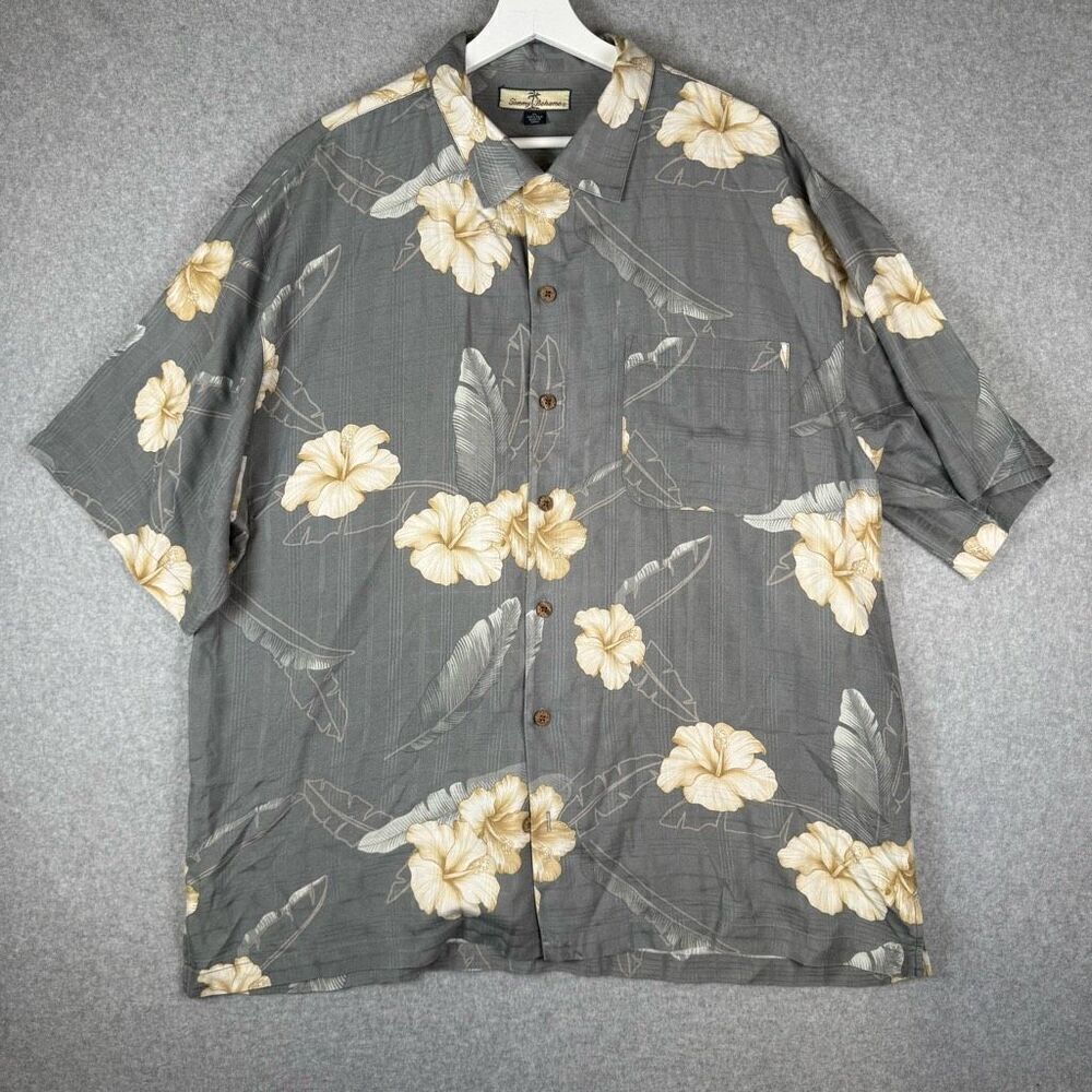 Tommy Bahama Mens Size XL 100% Silk Button Front Shirt Gray Yellow Floral Print